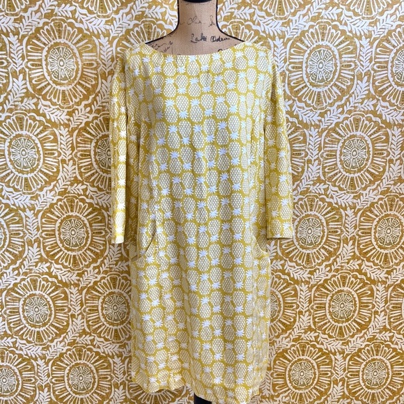 Boden Laurie Linen 3/4 Sleeve Shift Dress in Chartreuse, Pineapple Geo size 14R - Picture 5 of 13